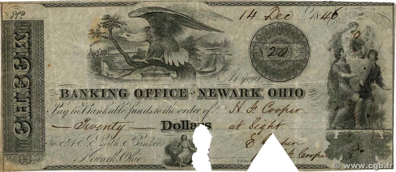 20 Dollars Annulé ÉTATS-UNIS D AMÉRIQUE Newark 1846  TTB
