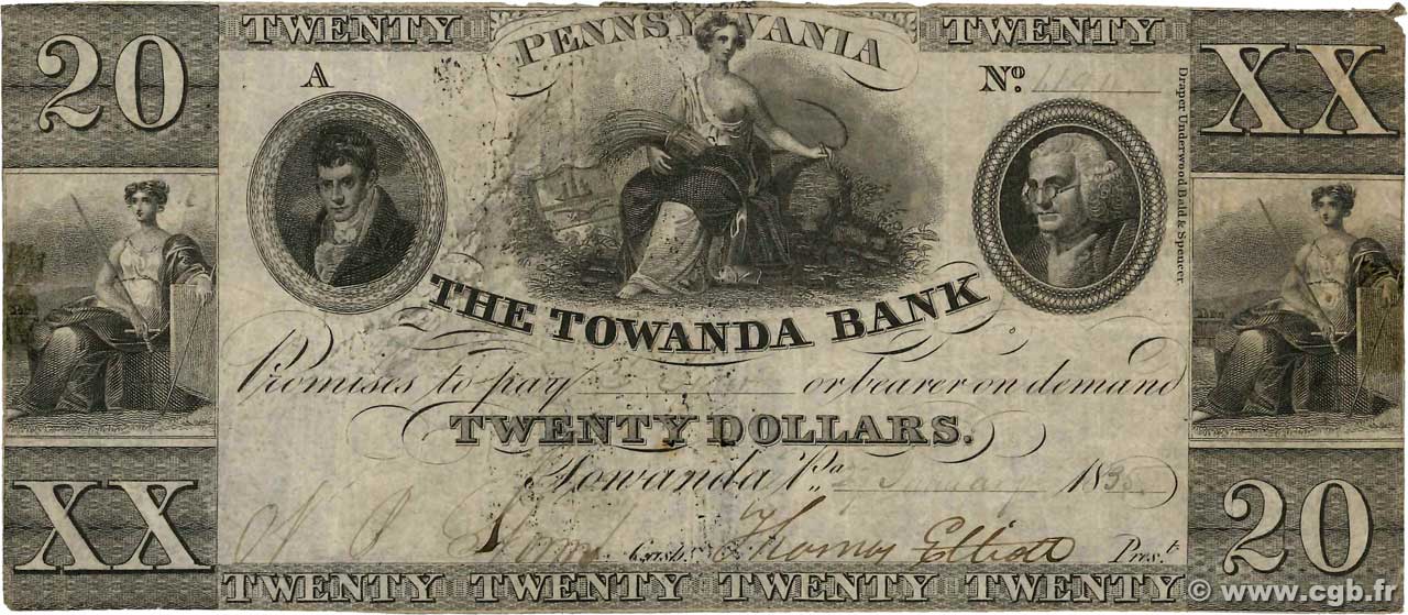 20 Dollars UNITED STATES OF AMERICA Towanda 1835  F+