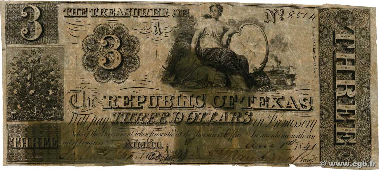 3 Dollars UNITED STATES OF AMERICA Austin 1841  G