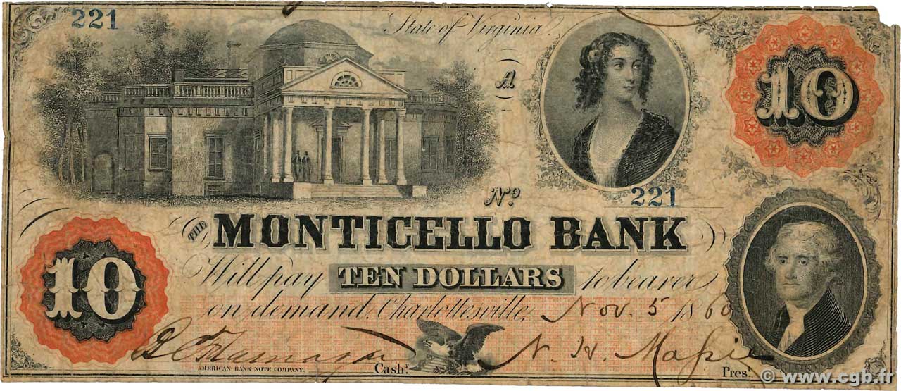 10 Dollars STATI UNITI D AMERICA Charlottesville 1860  MB