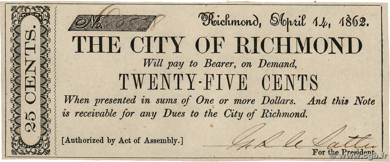 25 Cents STATI UNITI D AMERICA Richmond 1862  AU