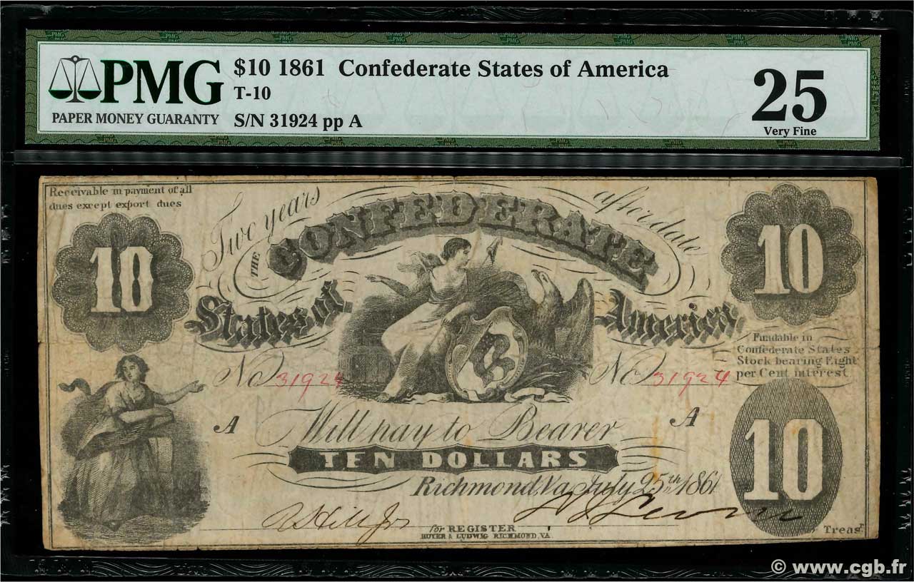 10 Dollars ÉTATS CONFÉDÉRÉS D AMÉRIQUE  1861 P.09 TB