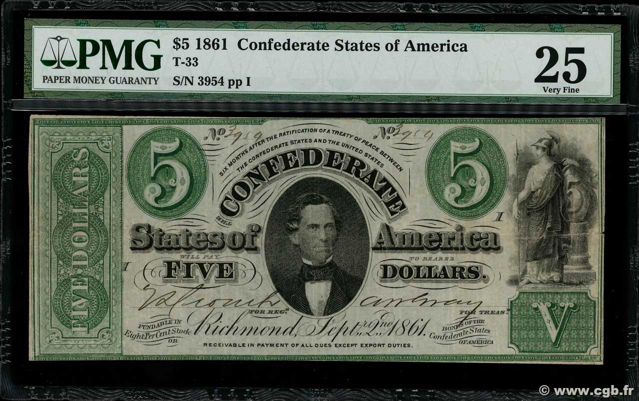 5 Dollars STATI CONFEDERATI D AMERICA  1861 P.17b q.BB