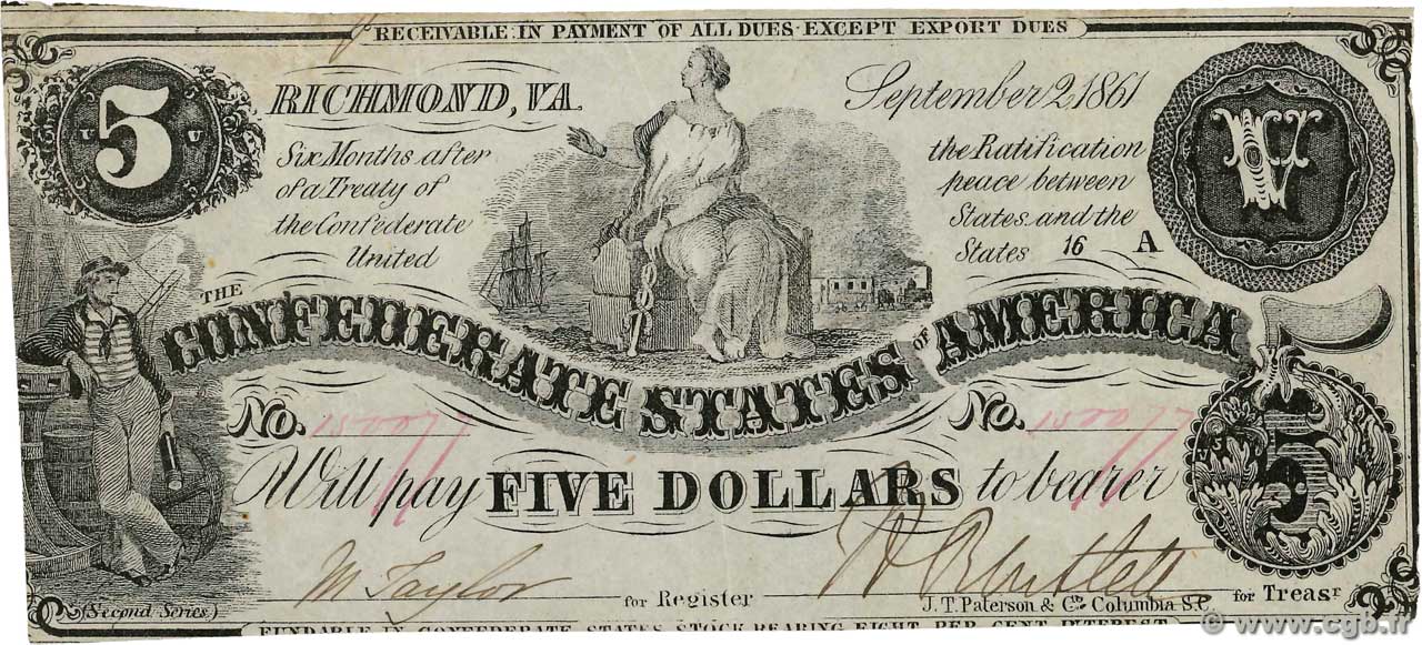 5 Dollars STATI CONFEDERATI D AMERICA  1861 P.19c q.SPL