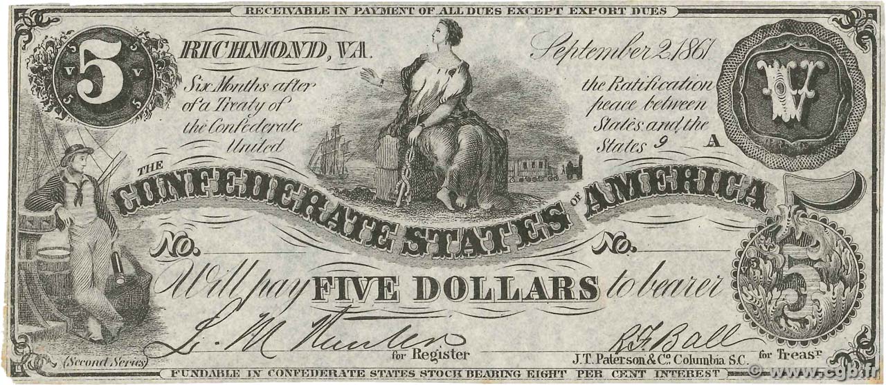 5 Dollars Faux 美利堅聯盟國  1861 P.19cx XF