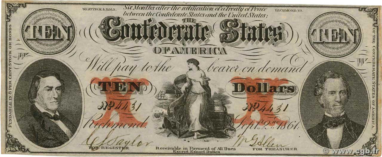 10 Dollars Faux STATI CONFEDERATI D AMERICA  1861 P.25x AU