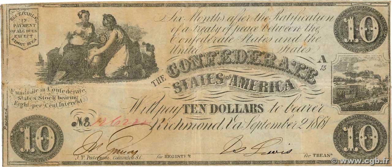 10 Dollars STATI CONFEDERATI D AMERICA  1861 P.27a BB