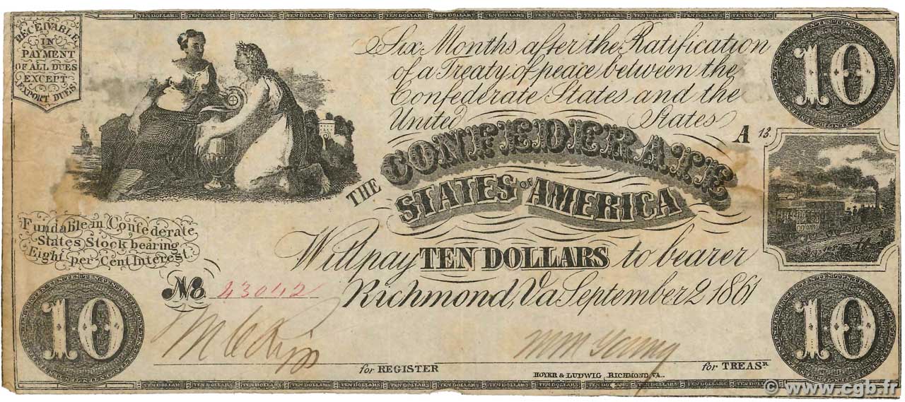 10 Dollars ESTADOS CONFEDERADOS DE AMÉRICA  1861 P.27b MBC