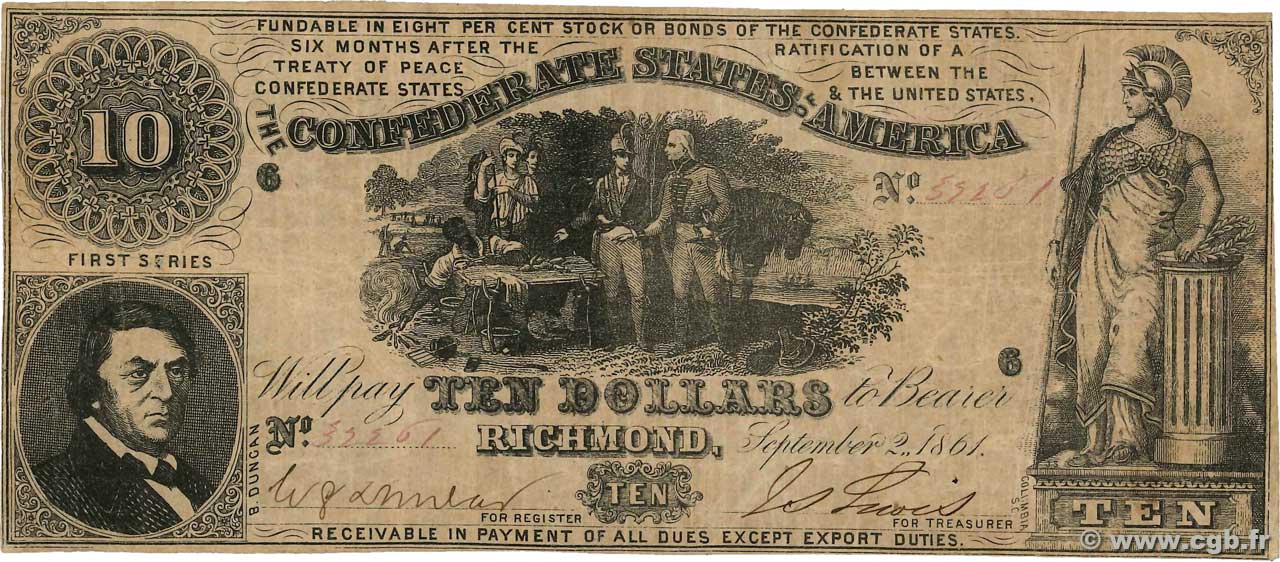 10 Dollars STATI CONFEDERATI D AMERICA  1861 P.29a BB