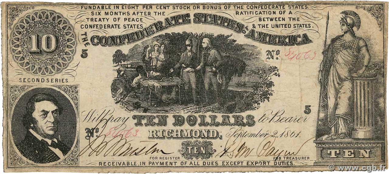 10 Dollars STATI CONFEDERATI D AMERICA  1861 P.29b MB