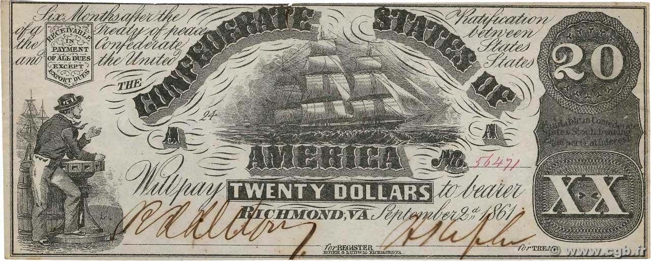 20 Dollars Гражданская война в США  1861 P.31a XF+