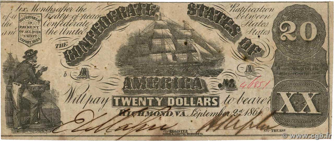 20 Dollars STATI CONFEDERATI D AMERICA  1861 P.31a BB