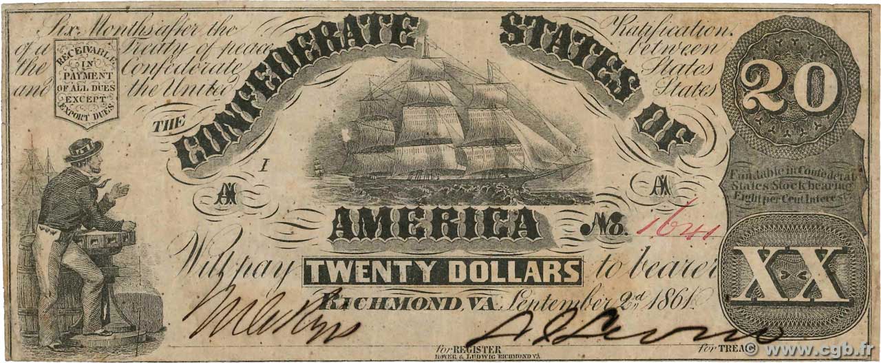 20 Dollars STATI CONFEDERATI D AMERICA  1861 P.31a BB