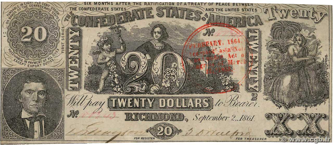20 Dollars Annulé ÉTATS CONFÉDÉRÉS D AMÉRIQUE  1861 P.33 TTB