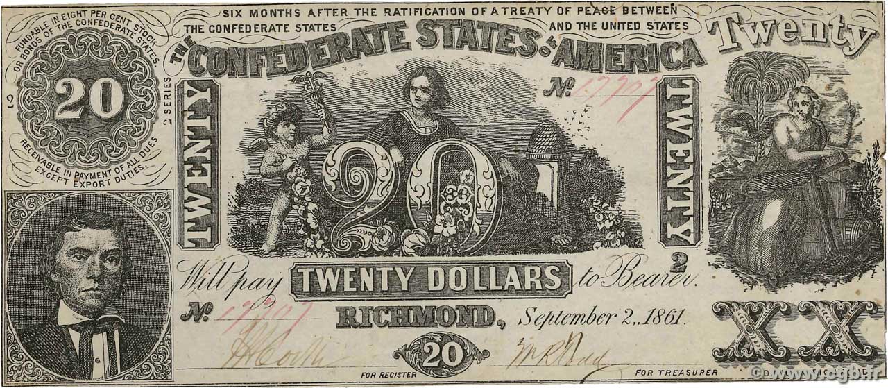 20 Dollars STATI CONFEDERATI D AMERICA  1861 P.33 SPL+