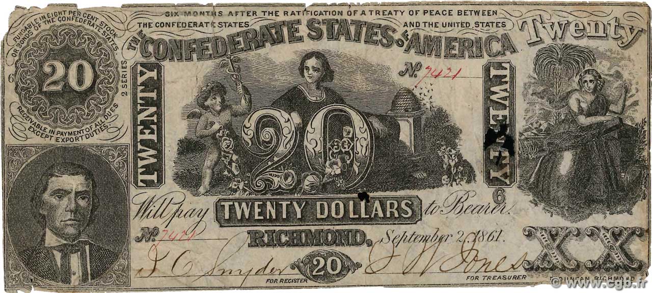 20 Dollars STATI CONFEDERATI D AMERICA  1861 P.33 MB