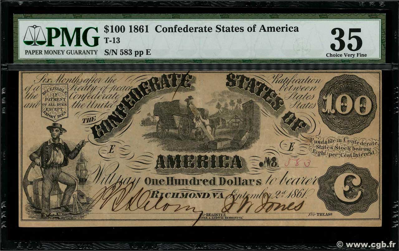 100 Dollars STATI CONFEDERATI D AMERICA  1861 P.38 q.SPL
