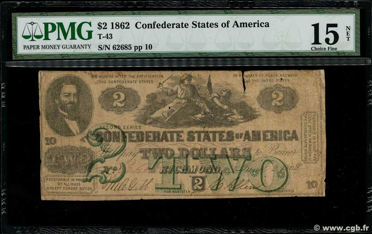 2 Dollars STATI CONFEDERATI D AMERICA  1862 P.42 B