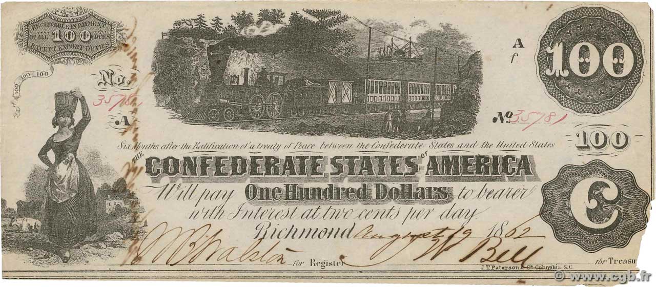 100 Dollars STATI CONFEDERATI D AMERICA  1862 P.44 SPL