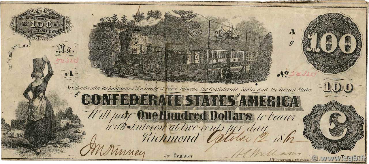 100 Dollars CONFEDERATE STATES OF AMERICA  1862 P.44 VF