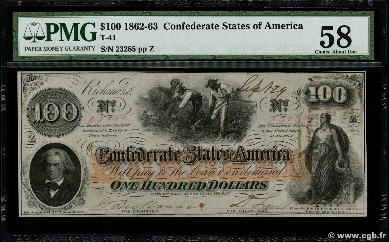 100 Dollars ÉTATS CONFÉDÉRÉS D AMÉRIQUE  1862 P.45 SPL