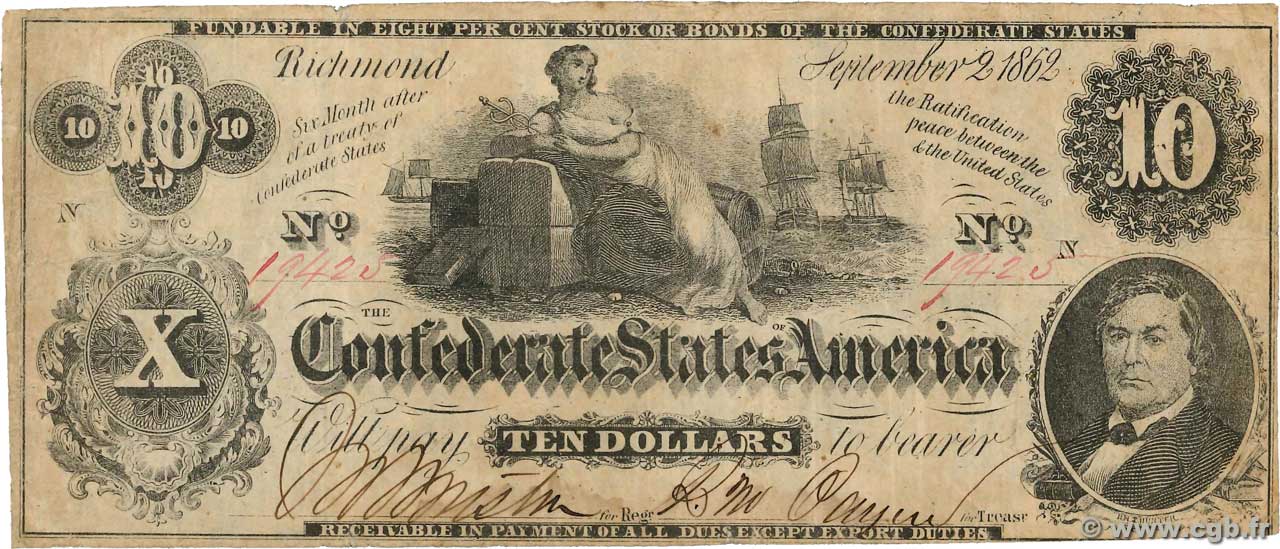 10 Dollars STATI CONFEDERATI D AMERICA  1862 P.46 BB