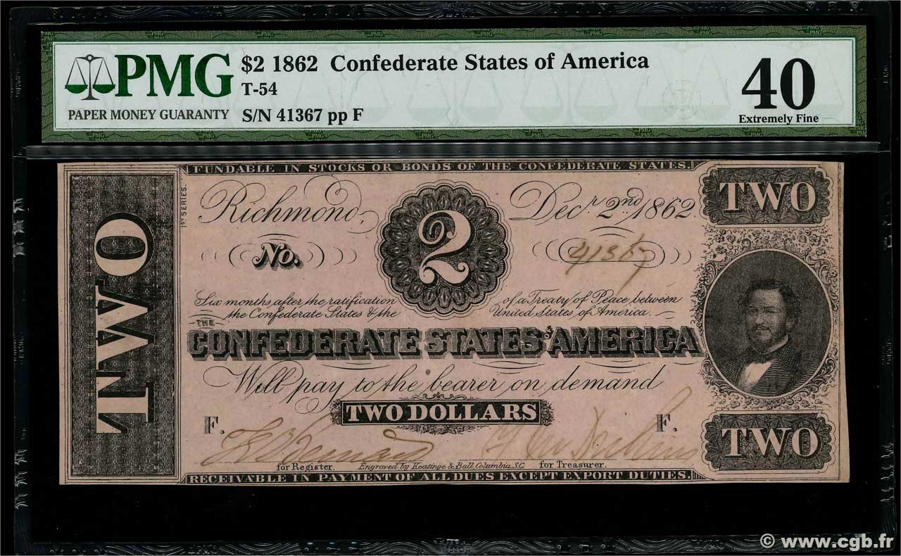 2 Dollars STATI CONFEDERATI D AMERICA  1862 P.50a SPL