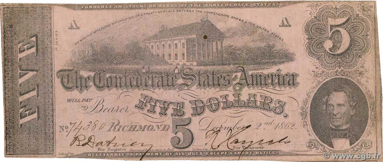 5 Dollars STATI CONFEDERATI D AMERICA  1862 P.51c q.BB