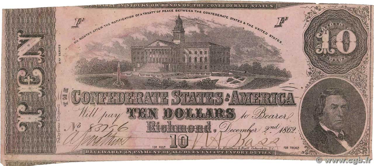 10 Dollars STATI CONFEDERATI D AMERICA  1862 P.52c MB