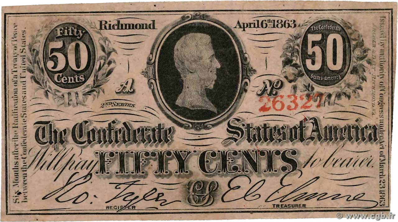 50 Cents STATI CONFEDERATI D AMERICA  1863 P.56 q.BB