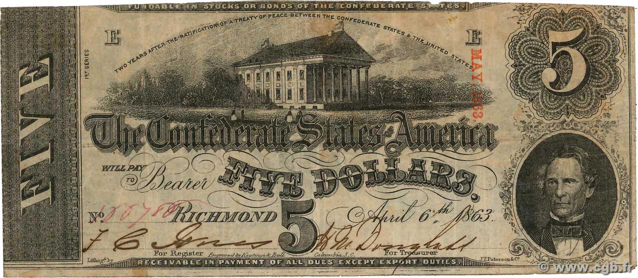5 Dollars STATI CONFEDERATI D AMERICA  1863 P.59b q.BB