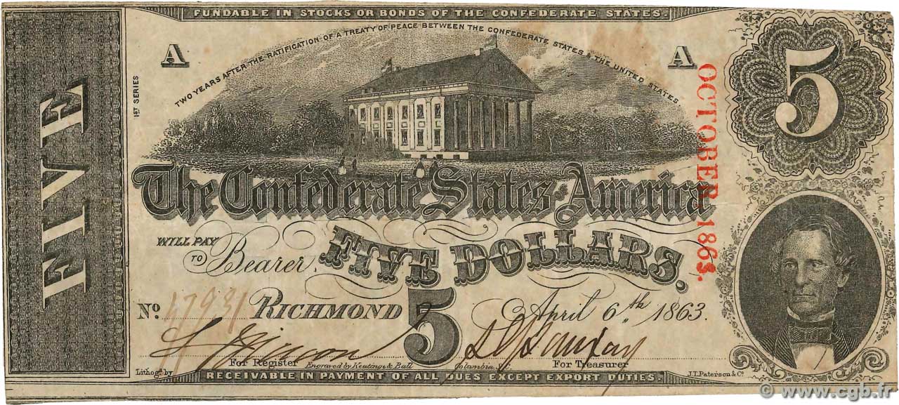 5 Dollars Annulé STATI CONFEDERATI D AMERICA  1863 P.59b MB
