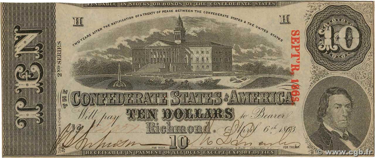 10 Dollars ÉTATS CONFÉDÉRÉS D AMÉRIQUE  1863 P.60a SUP+