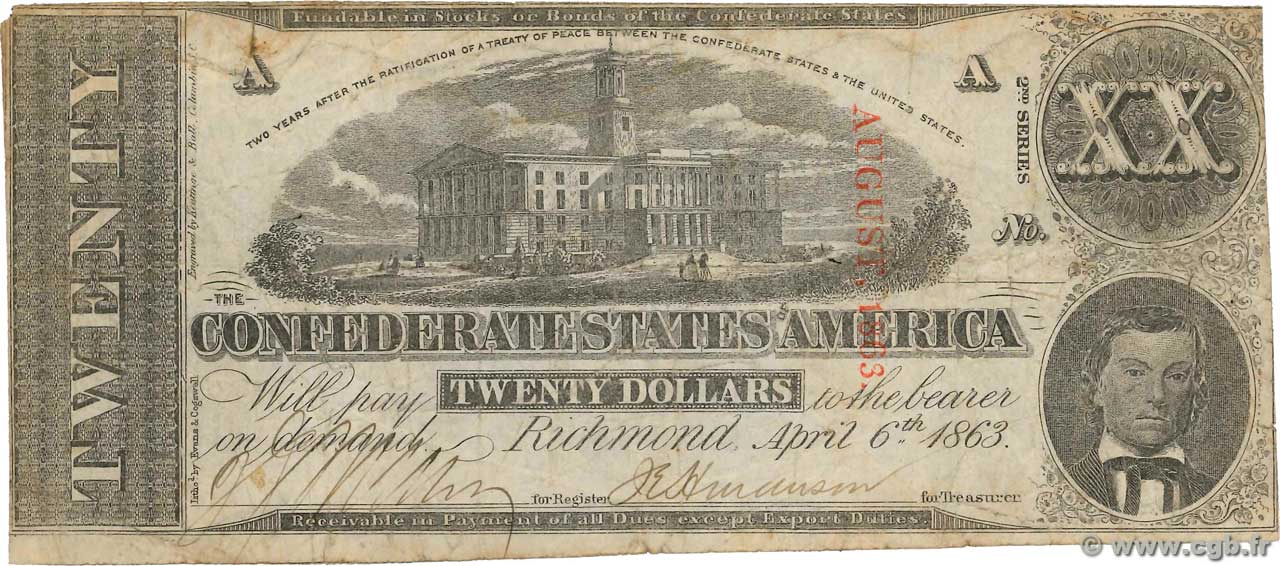 20 Dollars ÉTATS CONFÉDÉRÉS D AMÉRIQUE  1863 P.61b B+
