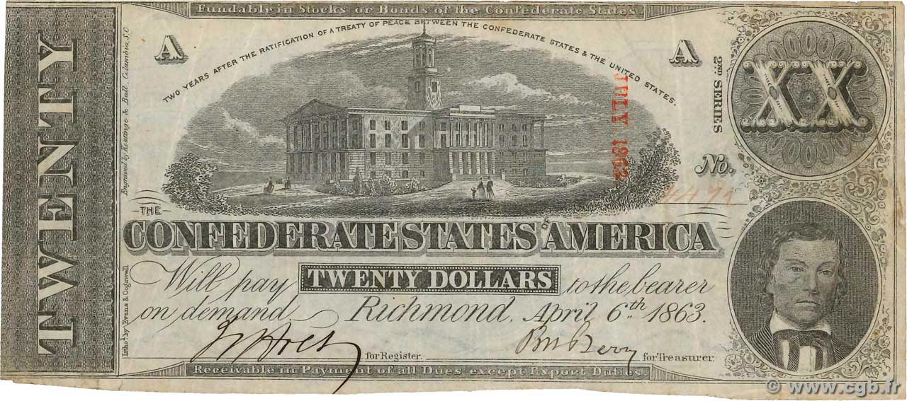 20 Dollars STATI CONFEDERATI D AMERICA  1863 P.61b BB