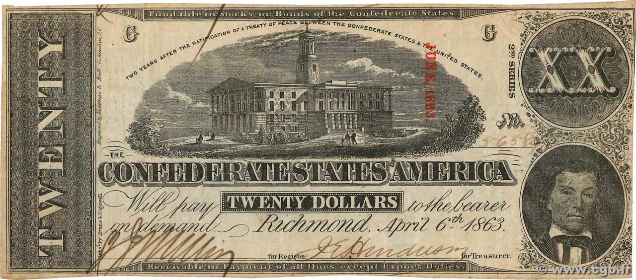 20 Dollars KONFÖDERIERTE STAATEN VON AMERIKA  1863 P.61b fSS