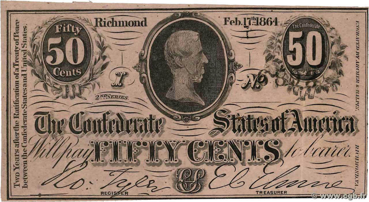 50 Cents ÉTATS CONFÉDÉRÉS D AMÉRIQUE  1864 P.64b SUP+