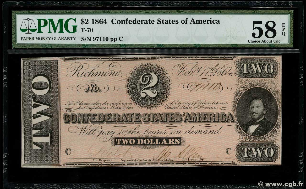 2 Dollars STATI CONFEDERATI D AMERICA  1864 P.66b q.FDC