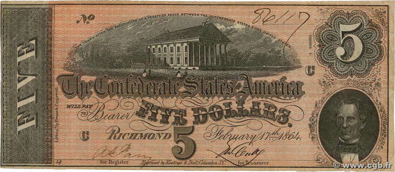 5 Dollars ÉTATS CONFÉDÉRÉS D AMÉRIQUE  1864 P.67 SUP
