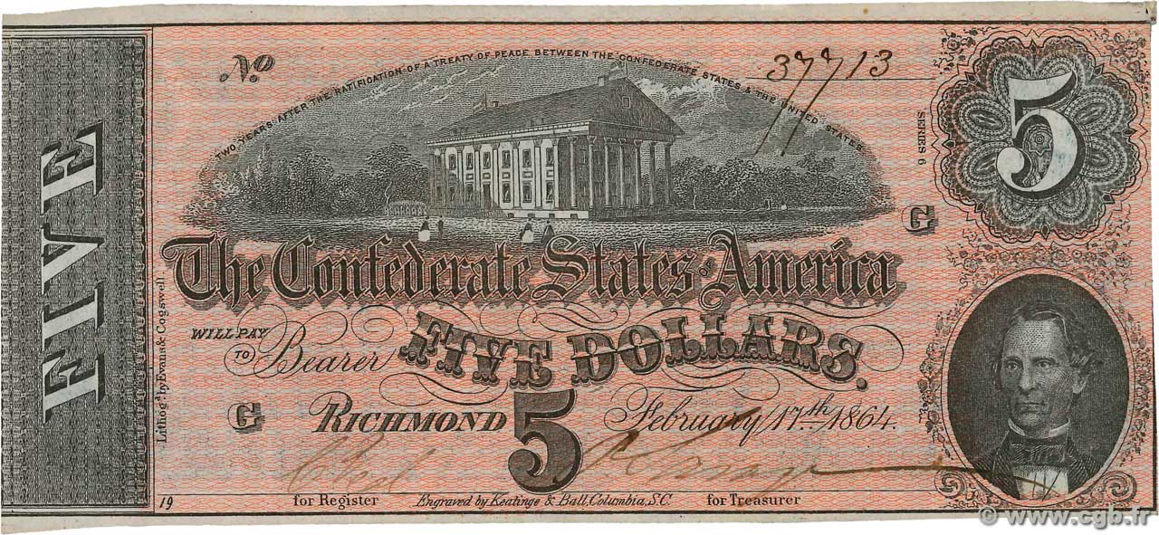 5 Dollars CONFEDERATE STATES OF AMERICA  1864 P.67 AU