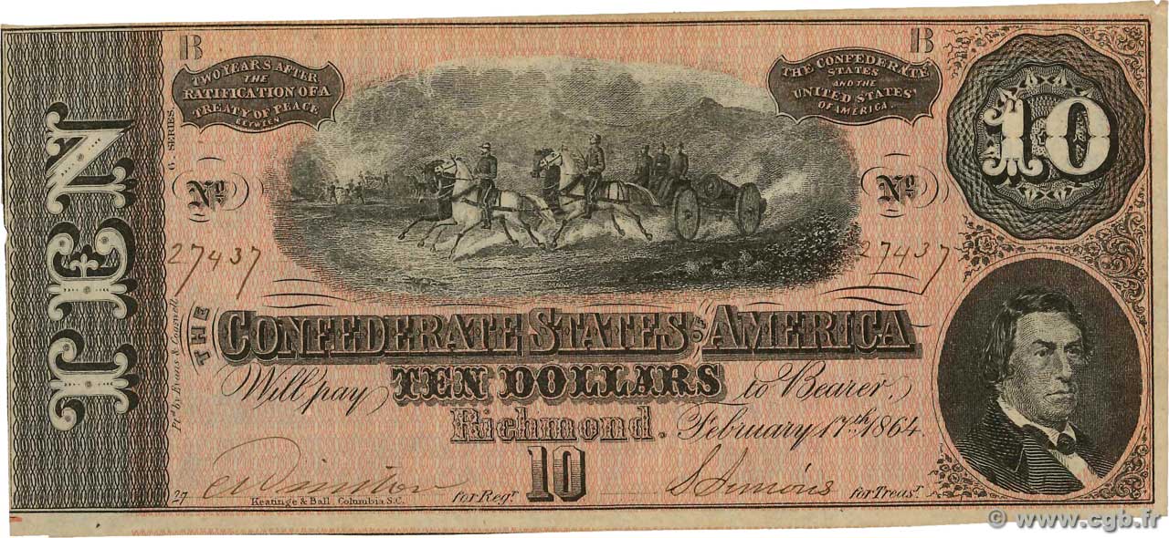 10 Dollars STATI CONFEDERATI D AMERICA  1864 P.68 AU