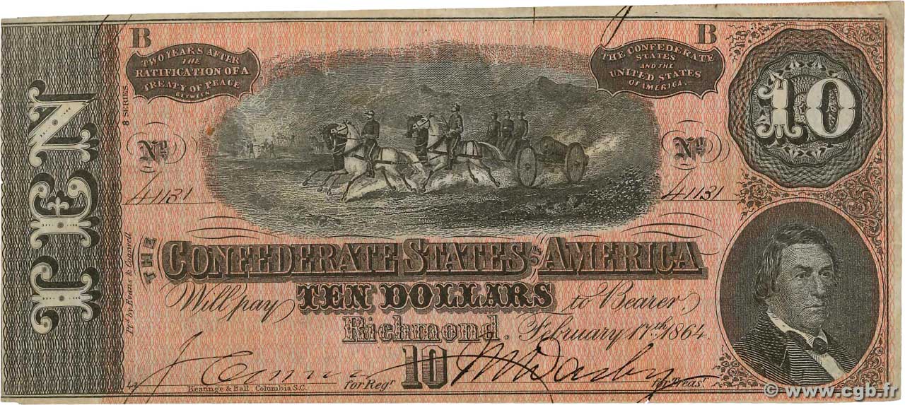 10 Dollars ÉTATS CONFÉDÉRÉS D AMÉRIQUE  1864 P.68 TTB+