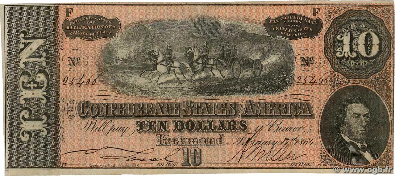 10 Dollars 美利堅聯盟國  1864 P.68 VF+