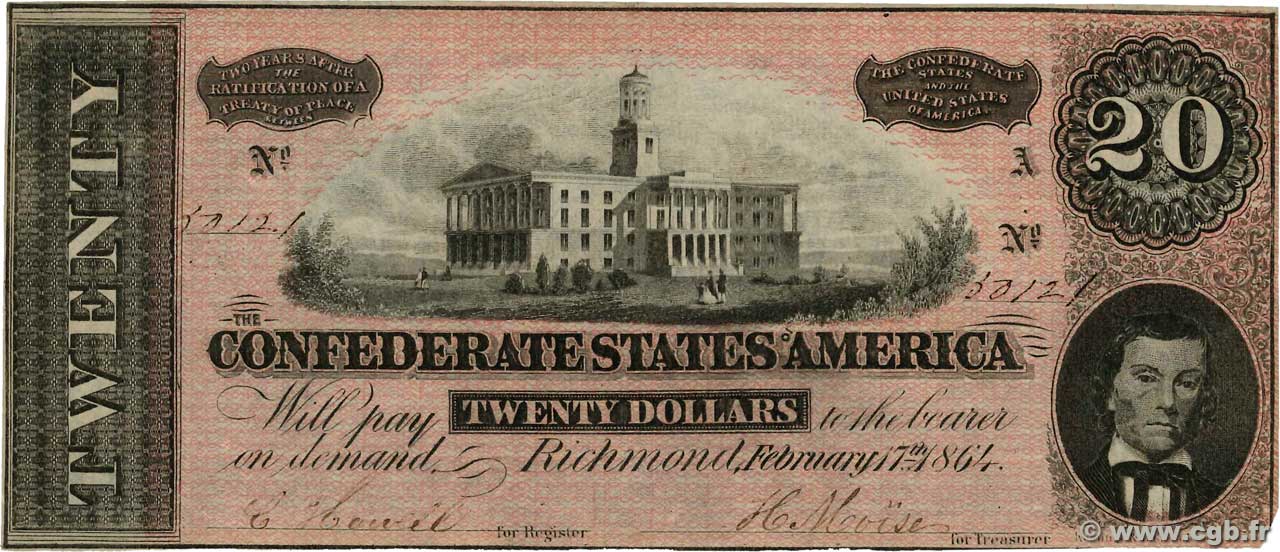 20 Dollars STATI CONFEDERATI D AMERICA  1864 P.69 SPL
