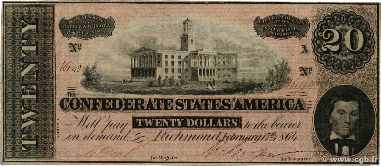 20 Dollars STATI CONFEDERATI D AMERICA  1864 P.69 BB