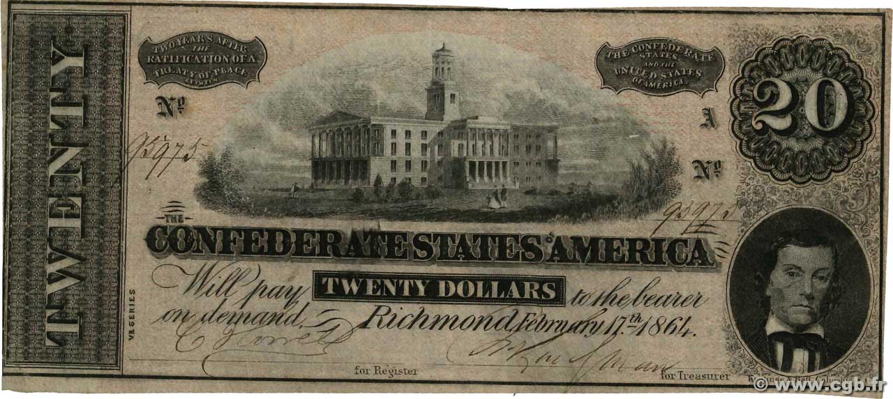 20 Dollars ESTADOS CONFEDERADOS DE AMÉRICA  1864 P.69 MBC
