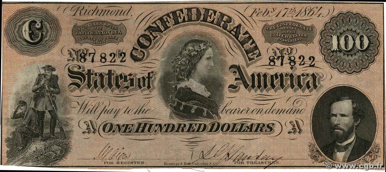 100 Dollars ÉTATS CONFÉDÉRÉS D AMÉRIQUE  1864 P.71 SUP