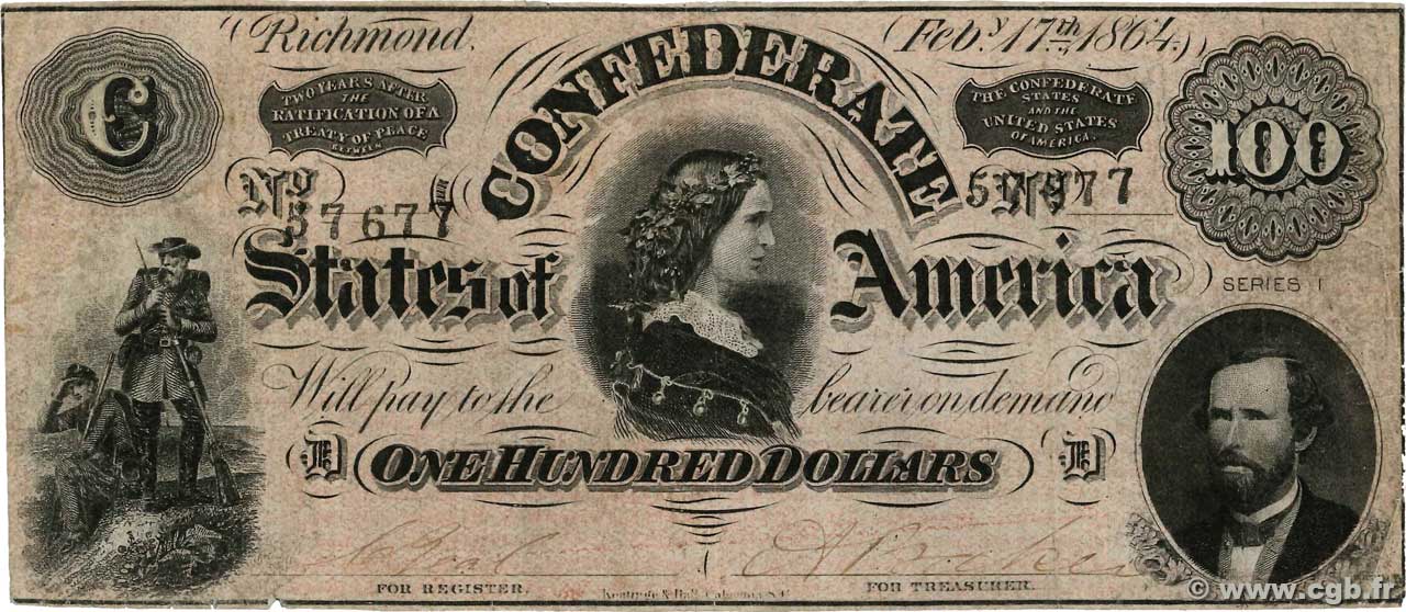100 Dollars ESTADOS CONFEDERADOS DE AMÉRICA  1864 P.72 BC+