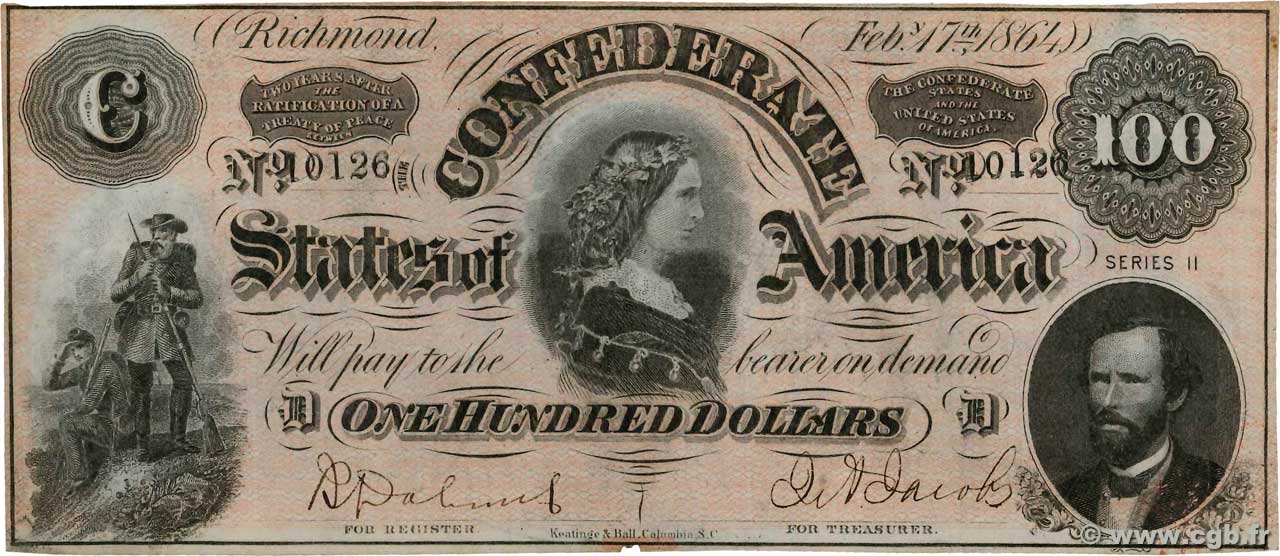 100 Dollars ÉTATS CONFÉDÉRÉS D AMÉRIQUE  1864 P.72 pr.SUP