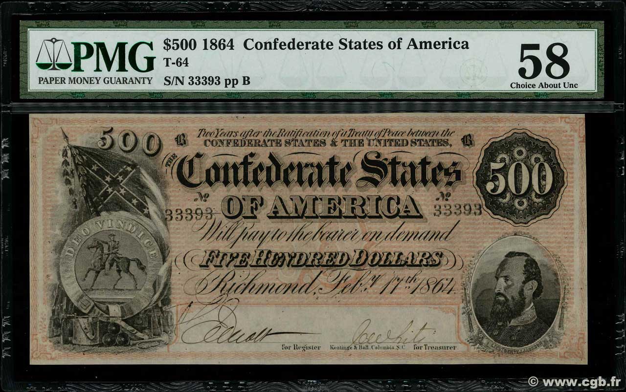500 Dollars ÉTATS CONFÉDÉRÉS D AMÉRIQUE  1864 P.73 SPL+